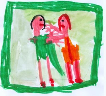 disegno di due bambini che fanno la lotta sul tappeto