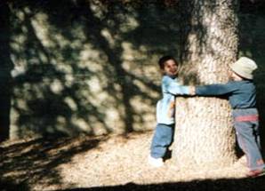 foto di due bambini che abbracciano un albero