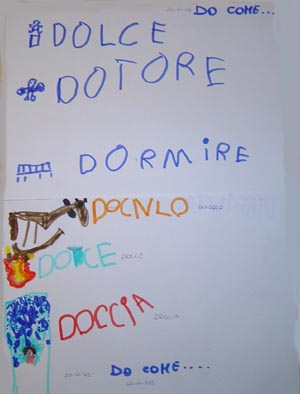 disegni e scritte dei bambini con parole che iniziano con DO