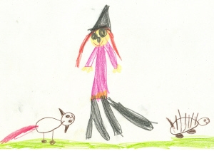 disegno: la strega, il riccio Millespine e la volpe Codarossa
