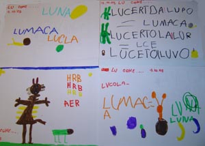 disegni e scritte dei bambini con parole che iniziano con LU