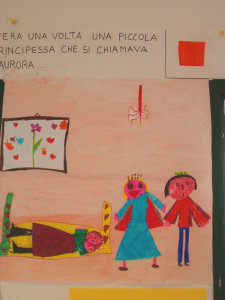 foto del cartellone ddell'inizio di una storia con disegno dei bambini