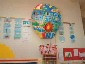 foto della mongolfiera finita attaccata  al salone della nuova scuola.