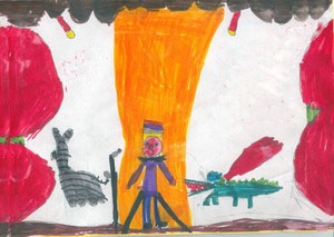 disegno del teatro con Billo, la zebra e il coccodrillo