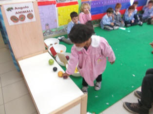 foto dei bambini che giocano  al gioco del colore  della frutta posizionandola nel corrispettivo contenitore del colore  del frutto scelto