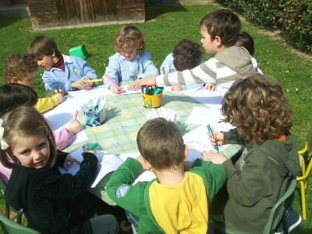foto dei bambini che fanno un disegno dal vero del nostro giardino in primavera